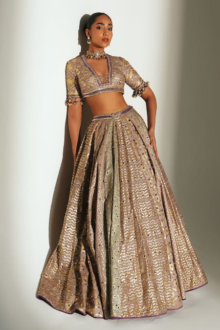 Buy_Mahima Mahajan_Gray Chanderi, Organza, Embroidery, Beads, Noorah Hand Lehenga Set 
