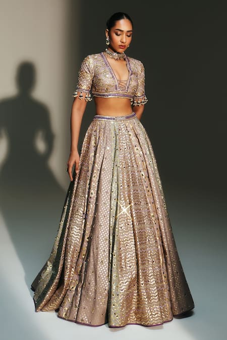 Shop_Mahima Mahajan_Gray Chanderi, Organza, Embroidery, Beads, Noorah Hand Lehenga Set 