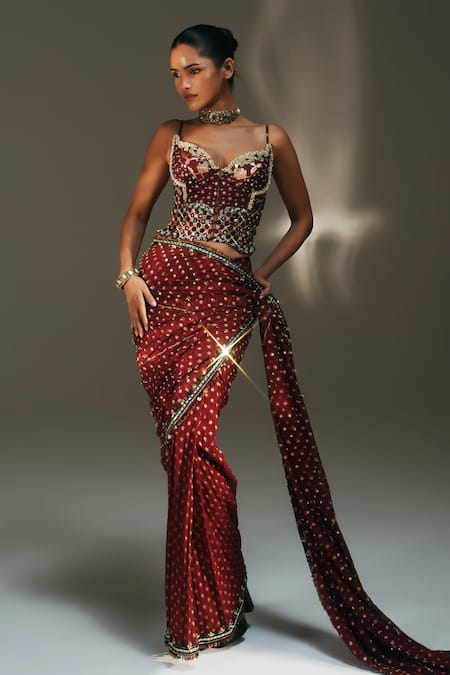 Mahima Mahajan_Red Georgette, Chanderi Silk Yamini Hand Pre-draped Saree With Corset _Online_at_Aza_Fashions