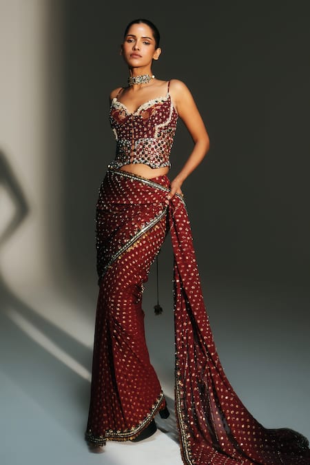 Buy_Mahima Mahajan_Red Georgette, Chanderi Silk Yamini Hand Pre-draped Saree With Corset _Online_at_Aza_Fashions