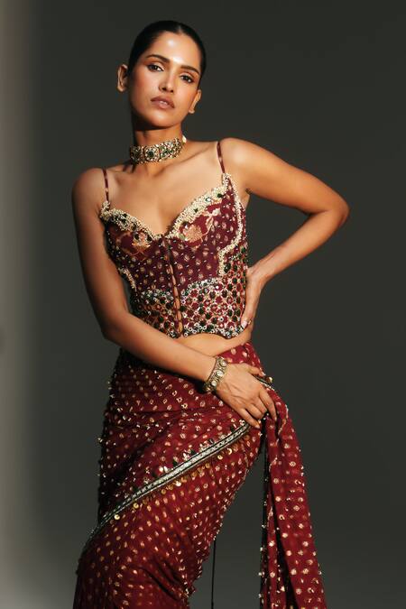 Shop_Mahima Mahajan_Red Georgette, Chanderi Silk Yamini Hand Pre-draped Saree With Corset _Online_at_Aza_Fashions