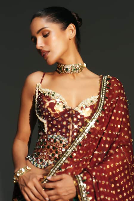 Mahima Mahajan_Red Georgette, Chanderi Silk Yamini Hand Pre-draped Saree With Corset _at_Aza_Fashions