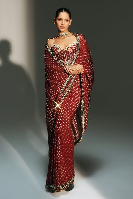 Shop_Mahima Mahajan_Red Georgette, Chanderi Silk Yamini Hand Pre-draped Saree With Corset 