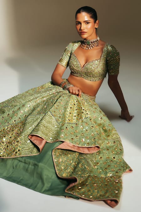 Mahima Mahajan Green Chanderi , Organza Embroidery, Sita Hand Kali Lehenga Set Online at Aza Fashions Mahima Mahajan_Green Chanderi , Organza Embroidery, Sita Hand Kali Lehenga Set _Online_at_Aza_Fashions