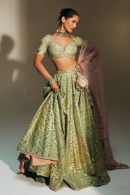 Buy Mahima Mahajan Green Chanderi , Organza Embroidery, Sita Hand Kali Lehenga Set Online at Aza Fashions Buy_Mahima Mahajan_Green Chanderi , Organza Embroidery, Sita Hand Kali Lehenga Set _Online_at_Aza_Fashions