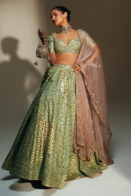 Shop Mahima Mahajan Green Chanderi , Organza Embroidery, Sita Hand Kali Lehenga Set Online at Aza Fashions Shop_Mahima Mahajan_Green Chanderi , Organza Embroidery, Sita Hand Kali Lehenga Set _Online_at_Aza_Fashions