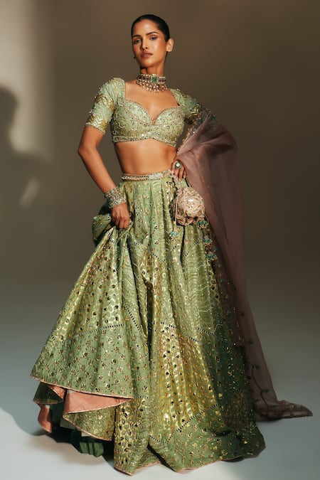 Mahima Mahajan Green Chanderi , Organza Embroidery, Sita Hand Kali Lehenga Set at Aza Fashions Mahima Mahajan_Green Chanderi , Organza Embroidery, Sita Hand Kali Lehenga Set _at_Aza_Fashions