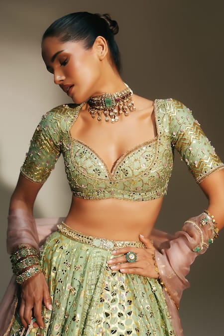 Buy Mahima Mahajan Green Chanderi , Organza Embroidery, Sita Hand Kali Lehenga Set Buy_Mahima Mahajan_Green Chanderi , Organza Embroidery, Sita Hand Kali Lehenga Set