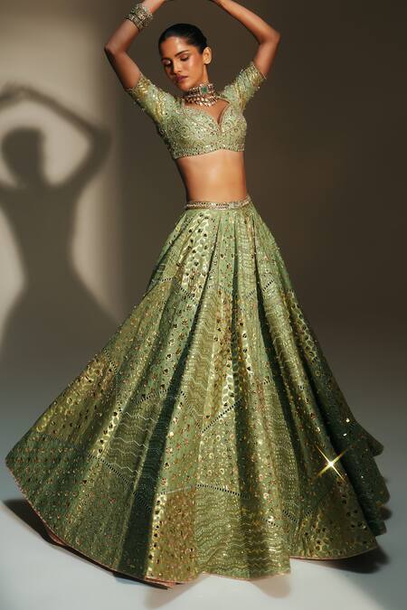 Shop Mahima Mahajan Green Chanderi , Organza Embroidery, Sita Hand Kali Lehenga Set Shop_Mahima Mahajan_Green Chanderi , Organza Embroidery, Sita Hand Kali Lehenga Set