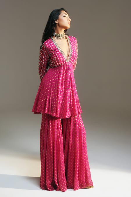 Mahima Mahajan Fuchsia Georgette Embroidery, Foil Naina Hand Peplum Kurta And Sharara Set at Aza Fashions Mahima Mahajan_Fuchsia Georgette Embroidery, Foil Naina Hand Peplum Kurta And Sharara Set _at_Aza_Fashions