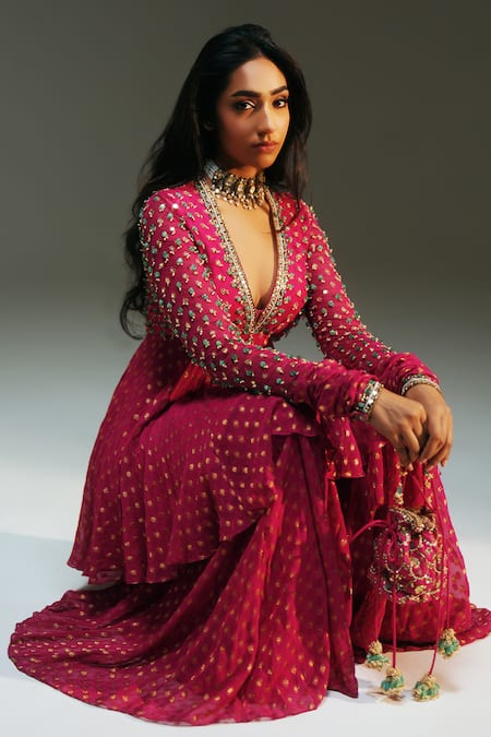 Buy Mahima Mahajan Fuchsia Georgette Embroidery, Foil Naina Hand Peplum Kurta And Sharara Set Buy_Mahima Mahajan_Fuchsia Georgette Embroidery, Foil Naina Hand Peplum Kurta And Sharara Set