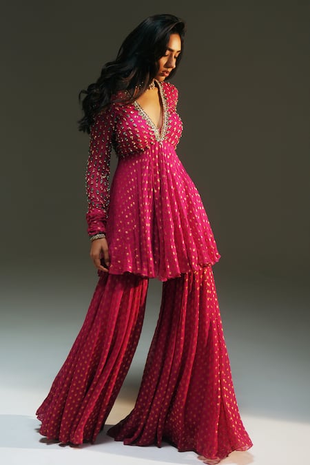 Shop Mahima Mahajan Pink Chanderi , Chanderi, , Organza Beads, Nidhi Hand Sharara Set Online at Aza Fashions Shop_Mahima Mahajan_Pink Chanderi , Chanderi, , Organza Beads, Nidhi Hand Sharara Set _Online_at_Aza_Fashions