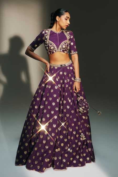 Shop Mahima Mahajan Purple Chanderi , Organza, , Chanderi, Shubhi Hand Lehenga Set Online at Aza Fashions Shop_Mahima Mahajan_Purple Chanderi , Organza, , Chanderi, Shubhi Hand Lehenga Set _Online_at_Aza_Fashions