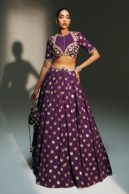 Mahima Mahajan Purple Chanderi , Organza, , Chanderi, Shubhi Hand Lehenga Set at Aza Fashions Mahima Mahajan_Purple Chanderi , Organza, , Chanderi, Shubhi Hand Lehenga Set _at_Aza_Fashions