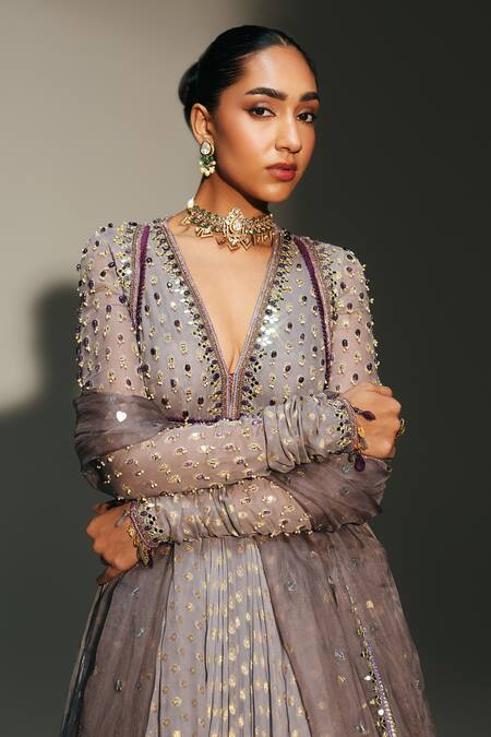 Mahima Mahajan_Gray Georgette, Silk Organza Sidra Hand Embroidered Anarkali With Dupatta _Online_at_Aza_Fashions