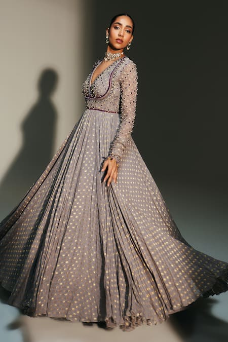 Shop_Mahima Mahajan_Gray Georgette, Silk Organza Sidra Hand Embroidered Anarkali With Dupatta _Online_at_Aza_Fashions
