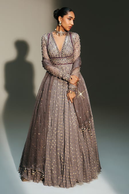 Mahima Mahajan_Gray Georgette, Silk Organza Sidra Hand Embroidered Anarkali With Dupatta _at_Aza_Fashions
