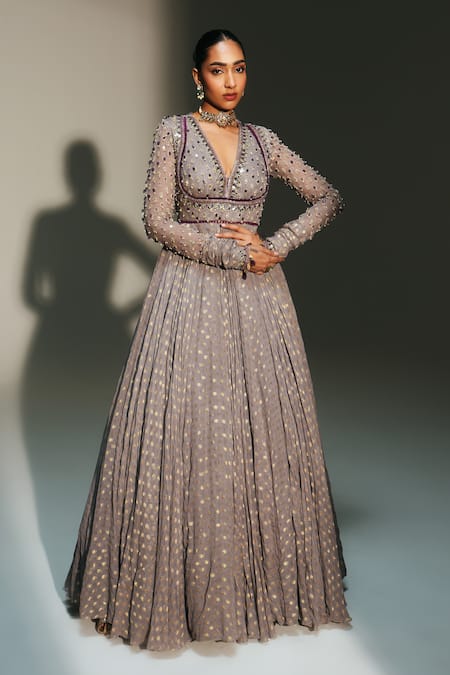 Buy_Mahima Mahajan_Gray Georgette, Silk Organza Sidra Hand Embroidered Anarkali With Dupatta 