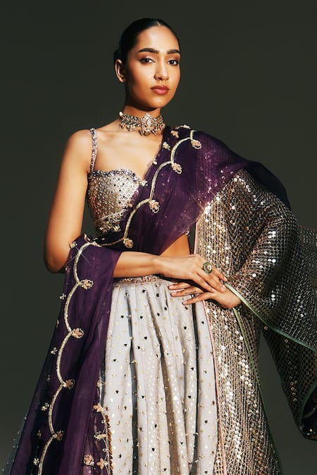 Mahima Mahajan Gray Chanderi Embroidery, Sequins, Zari, Tassels Chandani Hand Kali Lehenga Set Online at Aza Fashions Mahima Mahajan_Gray Chanderi Embroidery, Sequins, Zari, Tassels Chandani Hand Kali Lehenga Set _Online_at_Aza_Fashions