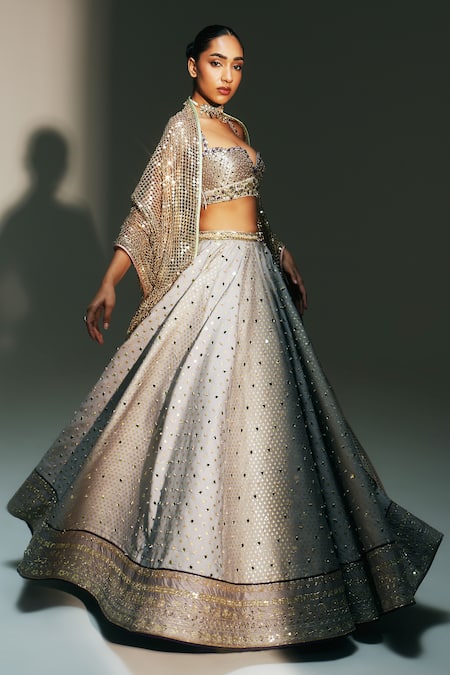 Buy Mahima Mahajan Gray Chanderi Embroidery, Sequins, Zari, Tassels Chandani Hand Kali Lehenga Set Online at Aza Fashions Buy_Mahima Mahajan_Gray Chanderi Embroidery, Sequins, Zari, Tassels Chandani Hand Kali Lehenga Set _Online_at_Aza_Fashions