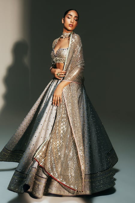 Shop Mahima Mahajan Gray Chanderi Embroidery, Sequins, Zari, Tassels Chandani Hand Kali Lehenga Set Online at Aza Fashions Shop_Mahima Mahajan_Gray Chanderi Embroidery, Sequins, Zari, Tassels Chandani Hand Kali Lehenga Set _Online_at_Aza_Fashions