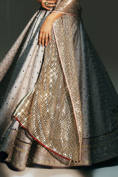 Buy Mahima Mahajan Gray Chanderi Embroidery, Sequins, Zari, Tassels Chandani Hand Kali Lehenga Set Buy_Mahima Mahajan_Gray Chanderi Embroidery, Sequins, Zari, Tassels Chandani Hand Kali Lehenga Set