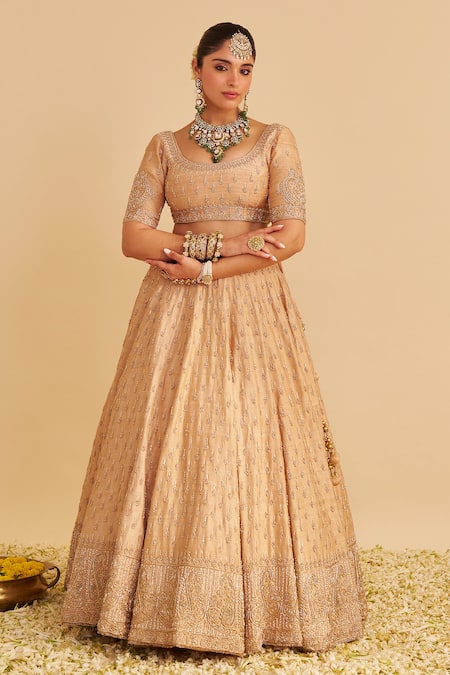 Sheetal Batra Gold , Organza Embroidery, Zari, Sequins Round Neck Aaliya Lehenga Set at Aza Fashions Sheetal Batra_Gold , Organza Embroidery, Zari, Sequins Round Neck Aaliya Lehenga Set _at_Aza_Fashions