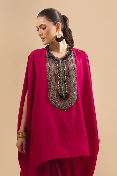 Shop Prisho Red Sequins, Beads, Embroidery Round Neck Yoke Kaftan With Pant Online at Aza Fashions Shop_Prisho_Red Sequins, Beads, Embroidery Round Neck Yoke Kaftan With Pant _Online_at_Aza_Fashions