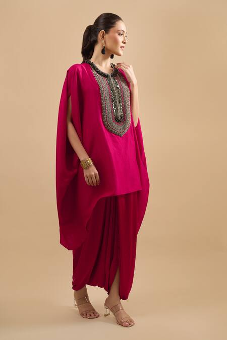Prisho Red Sequins, Beads, Embroidery Round Neck Yoke Kaftan With Pant at Aza Fashions Prisho_Red Sequins, Beads, Embroidery Round Neck Yoke Kaftan With Pant _at_Aza_Fashions