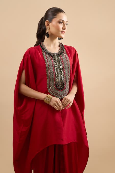 Buy Prisho Red Embroidery, Sequins, Beads Round Neck, Keyhole Placement Kaftan With Pant Online at Aza Fashions Buy_Prisho_Red Embroidery, Sequins, Beads Round Neck, Keyhole Placement Kaftan With Pant _Online_at_Aza_Fashions