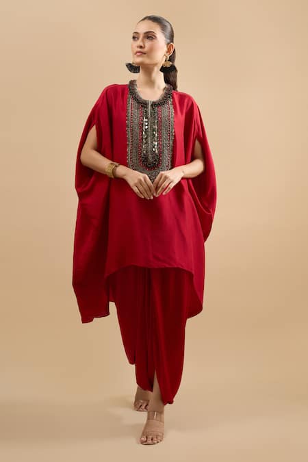 Shop Prisho Red Embroidery, Sequins, Beads Round Neck, Keyhole Placement Kaftan With Pant Online at Aza Fashions Shop_Prisho_Red Embroidery, Sequins, Beads Round Neck, Keyhole Placement Kaftan With Pant _Online_at_Aza_Fashions