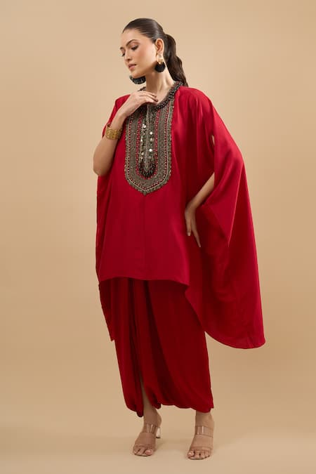 Prisho Red Embroidery, Sequins, Beads Round Neck, Keyhole Placement Kaftan With Pant at Aza Fashions Prisho_Red Embroidery, Sequins, Beads Round Neck, Keyhole Placement Kaftan With Pant _at_Aza_Fashions