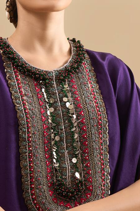 Shop Prisho Purple Sequins, Zari, Embroidery Round Neck Zardozi Kaftan With Pant Online at Aza Fashions Shop_Prisho_Purple Sequins, Zari, Embroidery Round Neck Zardozi Kaftan With Pant _Online_at_Aza_Fashions