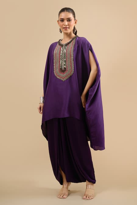 Prisho Purple Sequins, Zari, Embroidery Round Neck Zardozi Kaftan With Pant at Aza Fashions Prisho_Purple Sequins, Zari, Embroidery Round Neck Zardozi Kaftan With Pant _at_Aza_Fashions