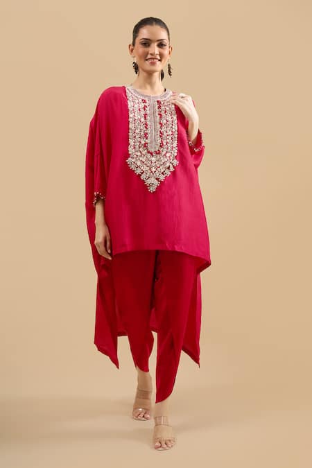 Prisho Red Embroidery, Beads Round Neck Thread Kaftan With Pant Online at Aza Fashions Prisho_Red Embroidery, Beads Round Neck Thread Kaftan With Pant _Online_at_Aza_Fashions