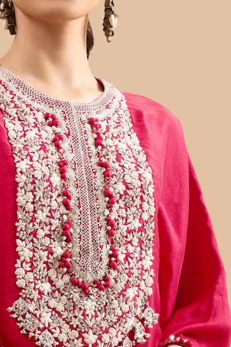 Shop Prisho Red Embroidery, Beads Round Neck Thread Kaftan With Pant Online at Aza Fashions Shop_Prisho_Red Embroidery, Beads Round Neck Thread Kaftan With Pant _Online_at_Aza_Fashions