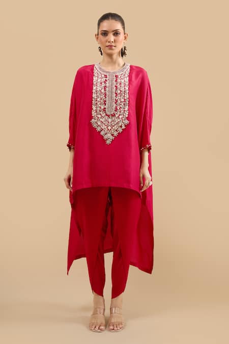 Prisho Red Embroidery, Beads Round Neck Thread Kaftan With Pant at Aza Fashions Prisho_Red Embroidery, Beads Round Neck Thread Kaftan With Pant _at_Aza_Fashions