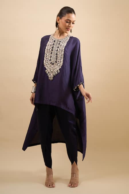 Prisho Blue Embroidery, Sequins, Stones Round Neck Thread Work Kaftan With Pant Online at Aza Fashions Prisho_Blue Embroidery, Sequins, Stones Round Neck Thread Work Kaftan With Pant _Online_at_Aza_Fashions