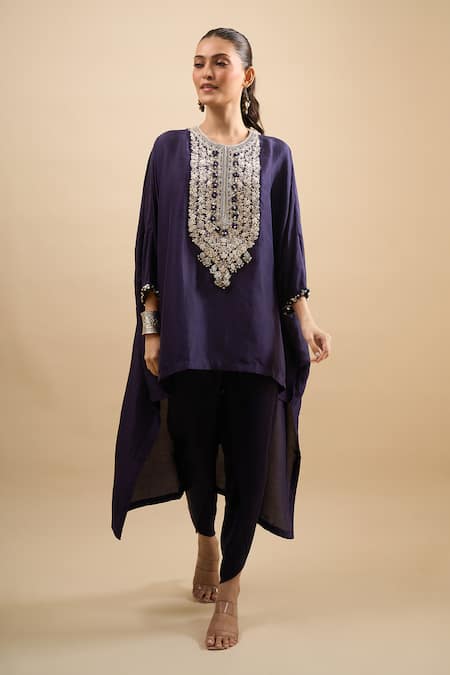 Shop Prisho Blue Embroidery, Sequins, Stones Round Neck Thread Work Kaftan With Pant Online at Aza Fashions Shop_Prisho_Blue Embroidery, Sequins, Stones Round Neck Thread Work Kaftan With Pant _Online_at_Aza_Fashions