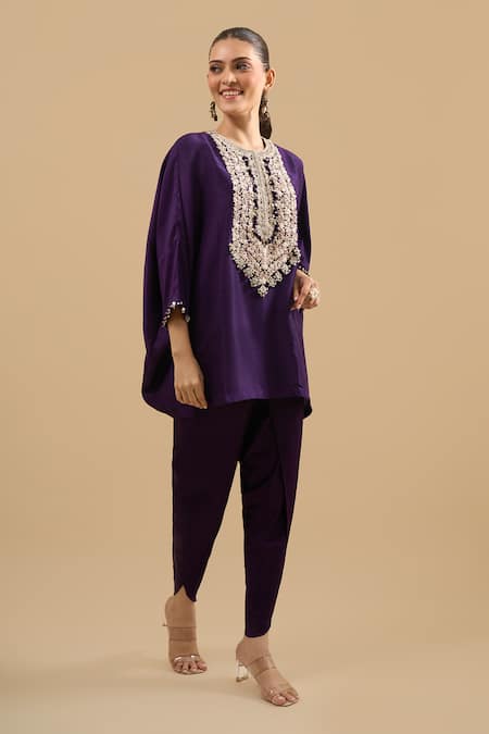 Buy Prisho Purple Embroidery, Sequins, Beads Round Neck Threadwork Kaftan With Pant Online at Aza Fashions Buy_Prisho_Purple Embroidery, Sequins, Beads Round Neck Threadwork Kaftan With Pant _Online_at_Aza_Fashions