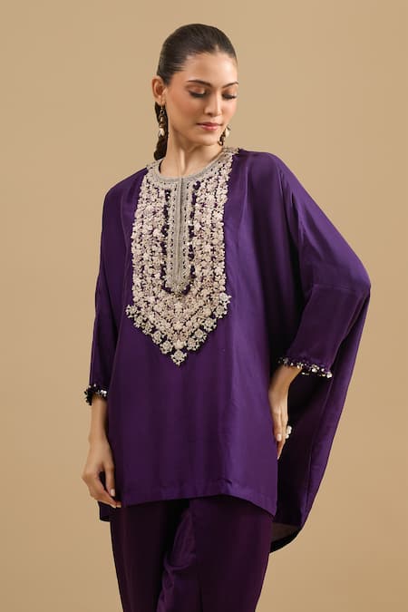 Prisho Purple Embroidery, Sequins, Beads Round Neck Threadwork Kaftan With Pant at Aza Fashions Prisho_Purple Embroidery, Sequins, Beads Round Neck Threadwork Kaftan With Pant _at_Aza_Fashions