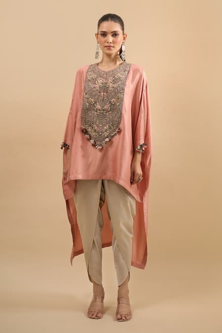 Prisho Peach Embroidery, Tassels Round Neck Kaftan With Pant Online at Aza Fashions Prisho_Peach Embroidery, Tassels Round Neck Kaftan With Pant _Online_at_Aza_Fashions