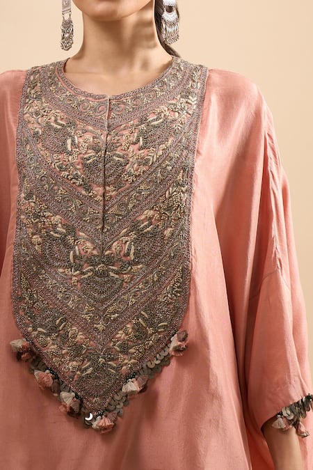 Buy Prisho Peach Embroidery, Tassels Round Neck Kaftan With Pant Online at Aza Fashions Buy_Prisho_Peach Embroidery, Tassels Round Neck Kaftan With Pant _Online_at_Aza_Fashions