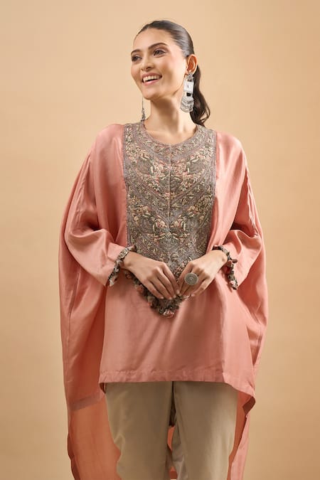 Shop Prisho Peach Embroidery, Tassels Round Neck Kaftan With Pant Online at Aza Fashions Shop_Prisho_Peach Embroidery, Tassels Round Neck Kaftan With Pant _Online_at_Aza_Fashions
