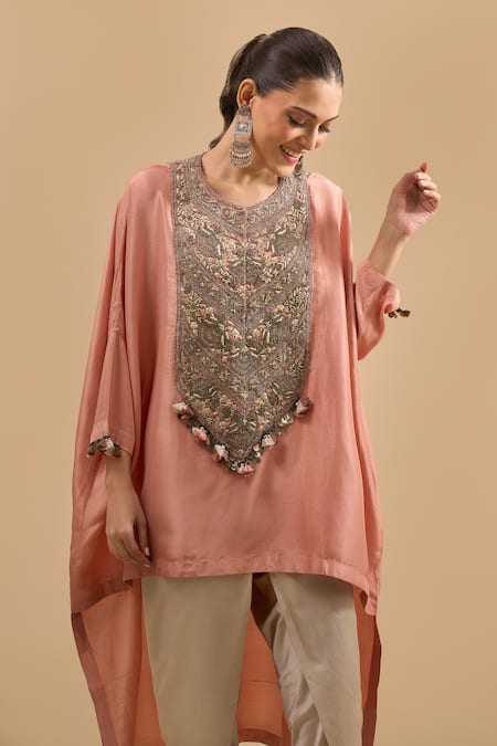 Prisho Peach Embroidery, Tassels Round Neck Kaftan With Pant at Aza Fashions Prisho_Peach Embroidery, Tassels Round Neck Kaftan With Pant _at_Aza_Fashions