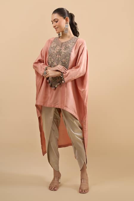 Buy Prisho Peach Embroidery, Tassels Round Neck Kaftan With Pant Buy_Prisho_Peach Embroidery, Tassels Round Neck Kaftan With Pant