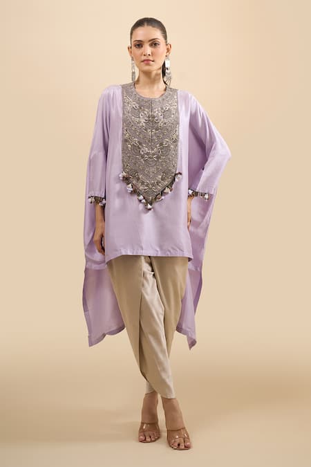 Prisho Purple Embroidery, Tassels Round Neck Asymmetric Kaftan With Pant Online at Aza Fashions Prisho_Purple Embroidery, Tassels Round Neck Asymmetric Kaftan With Pant _Online_at_Aza_Fashions
