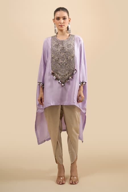 Buy Prisho Purple Embroidery, Tassels Round Neck Asymmetric Kaftan With Pant Online at Aza Fashions Buy_Prisho_Purple Embroidery, Tassels Round Neck Asymmetric Kaftan With Pant _Online_at_Aza_Fashions