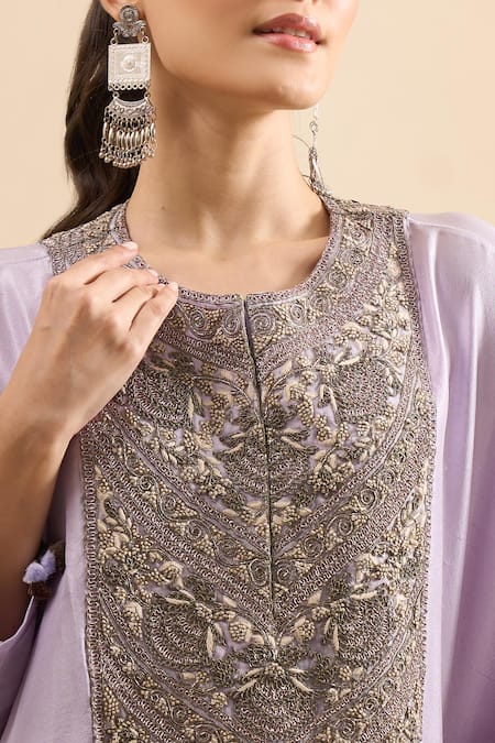 Shop Prisho Purple Embroidery, Tassels Round Neck Asymmetric Kaftan With Pant Online at Aza Fashions Shop_Prisho_Purple Embroidery, Tassels Round Neck Asymmetric Kaftan With Pant _Online_at_Aza_Fashions