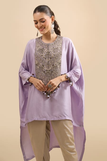 Prisho Purple Embroidery, Tassels Round Neck Asymmetric Kaftan With Pant at Aza Fashions Prisho_Purple Embroidery, Tassels Round Neck Asymmetric Kaftan With Pant _at_Aza_Fashions